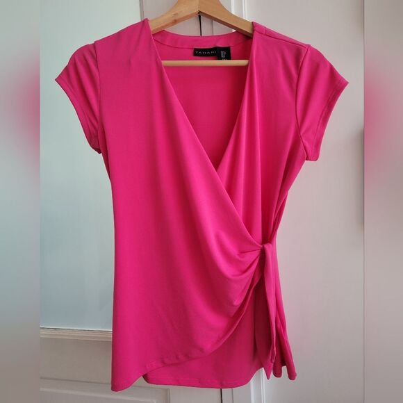 TAHARI Top Pink Fuchsia 💗 Semi-wrap twist Short Sleeve - Picture 1 of 5